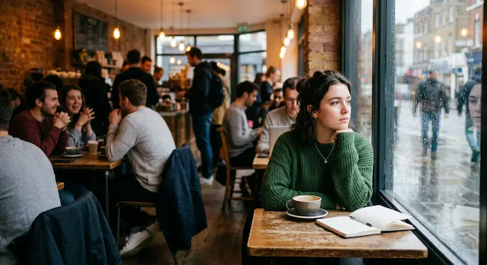 Person sitting alone at coffee shop looking out window, representing loneliness and emotional disconnection, therapy in Northwest Arkansas