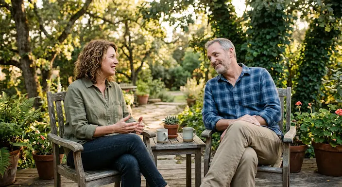 Two people in open, calm conversation, representing emotional honesty and relational work in therapy near Bentonville Arkansas