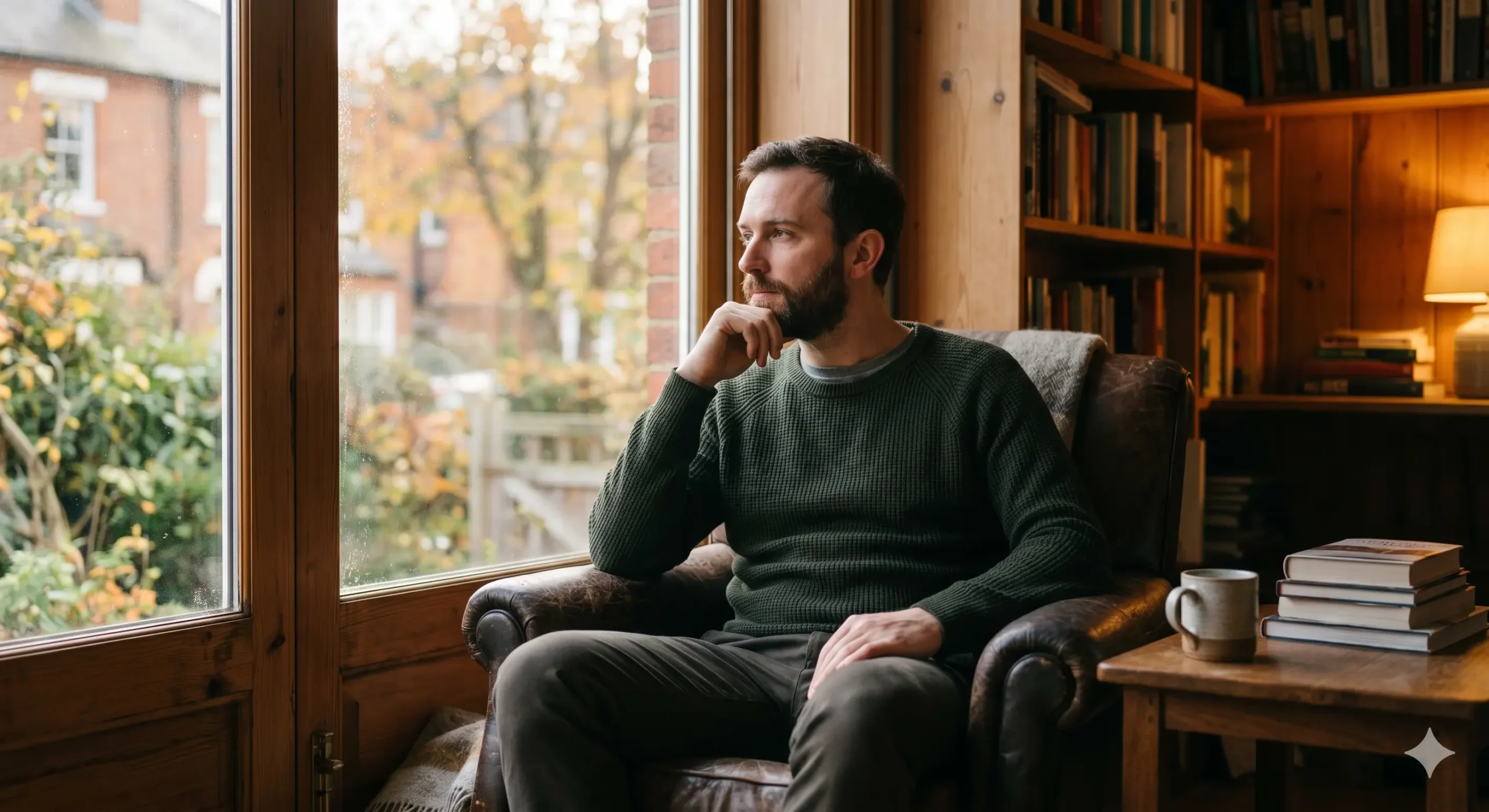 A person sitting quietly by a window, looking thoughtful — not aggressive, not distressed. Natural light, warm tones.
