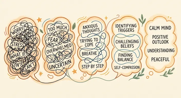 Illustrated thought bubbles representing different patterns of distorted thinking, gradually becoming clearer.
