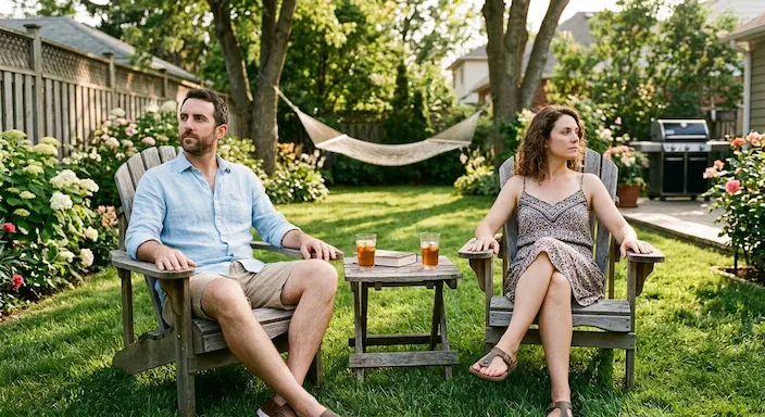 Couple sitting apart outdoors in summer, representing relationship stress and couples therapy near Bentonville, Arkansas