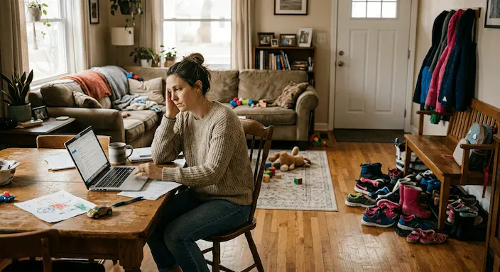 Parent sitting at kitchen table during summer break, representing family stress and summer transitions, therapy in Northwest Arkansas