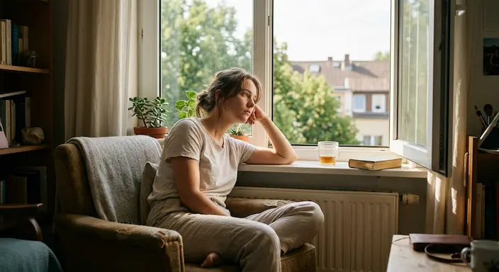 Person sitting by window in summer looking contemplative, representing anxiety, depression, and therapy in Northwest Arkansas