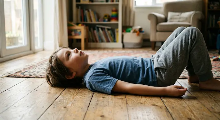 Child lying on floor looking up during summer, representing boredom, emotional needs, and child therapy near Bentonville, Arkansas