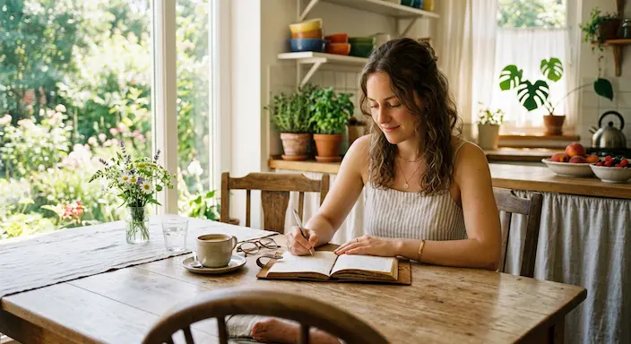 Person writing in a journal at a kitchen table, representing the practice of thought awareness and cognitive restructuring.