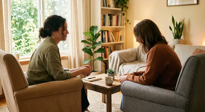 Two people in a warm, supportive conversation, representing the therapeutic relationship in trauma-informed counseling.