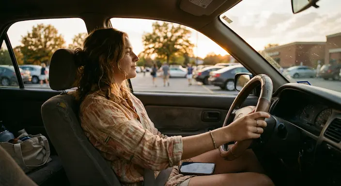 A person sits quietly in a parked car at dusk with their phone face down, illustrating the moment before deciding to reach out for counseling support.