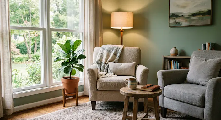 A warm counseling office in Bentonville, Arkansas with two comfortable chairs, a plant, and natural light, showing what a first therapy session space looks like.