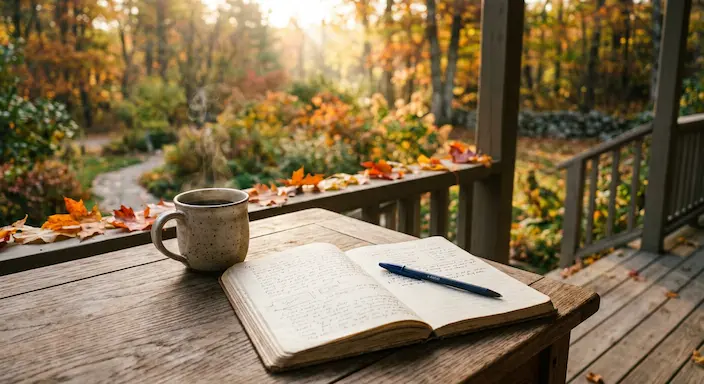 An open notebook and coffee mug on a porch table on a fall morning, representing writing down a plan to reach out for support.
